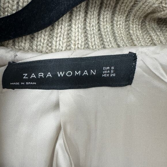 Zara wool parka coat size small tan knit sweater details full zip long high neck - Picture 5 of 8